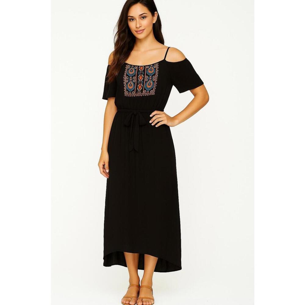 AUW Black Boho Embroidered Bodice Off-Shoulder Hi-Low Hem Gauzy Dress  Size 12